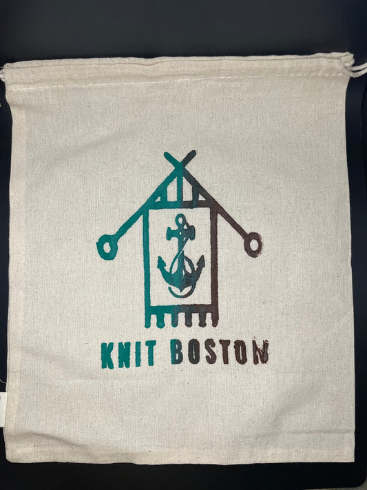 Screen printed "knit boston" drawstring pouch