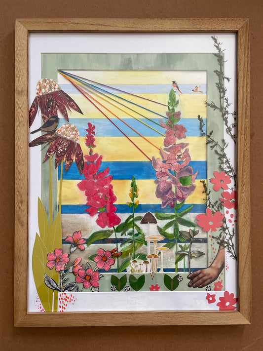 Joyful July; 12x16 mixed media collage, framed