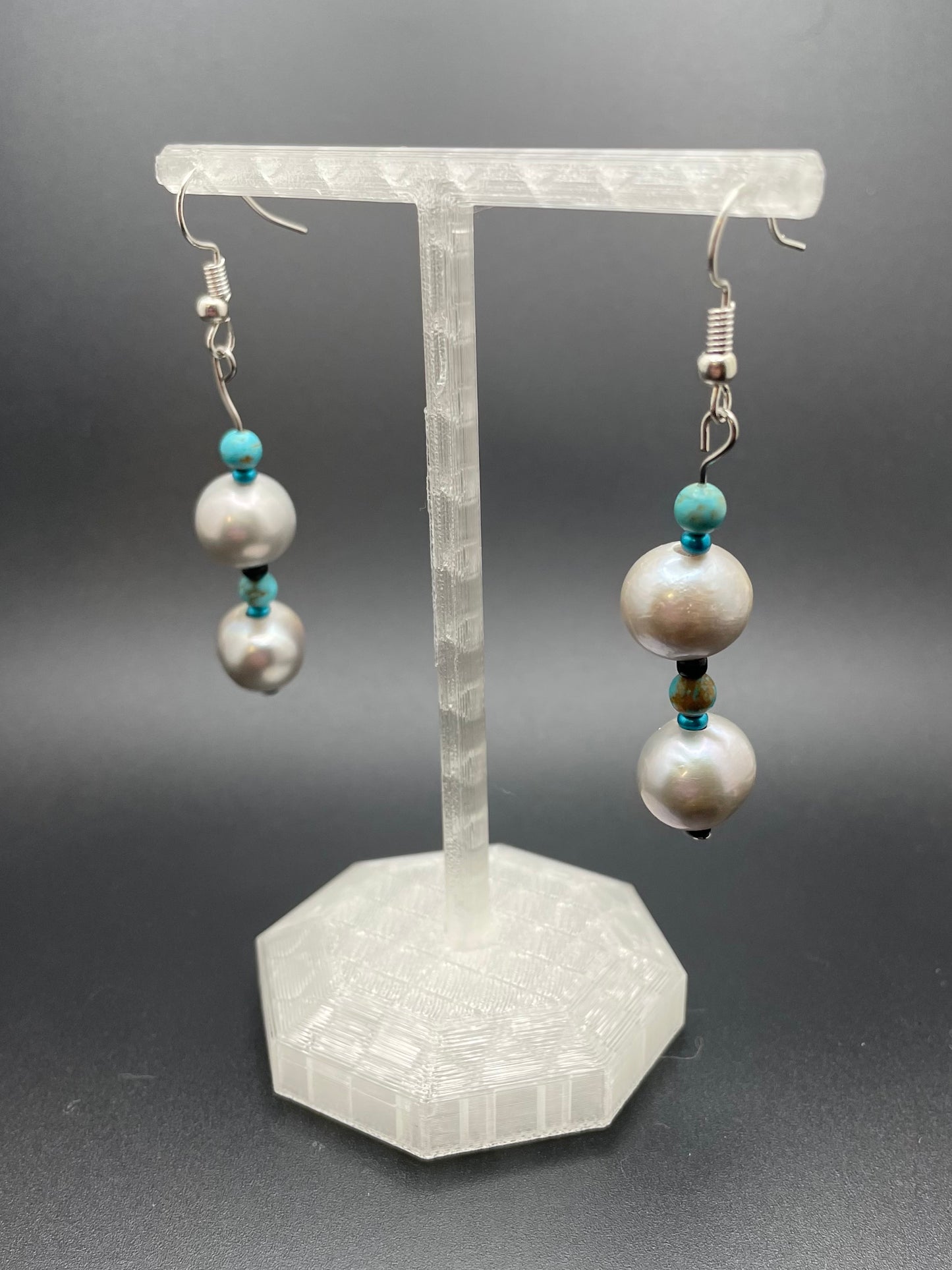 Grey Pearl and Turquoise Beaded Earrings for Pierced Ears