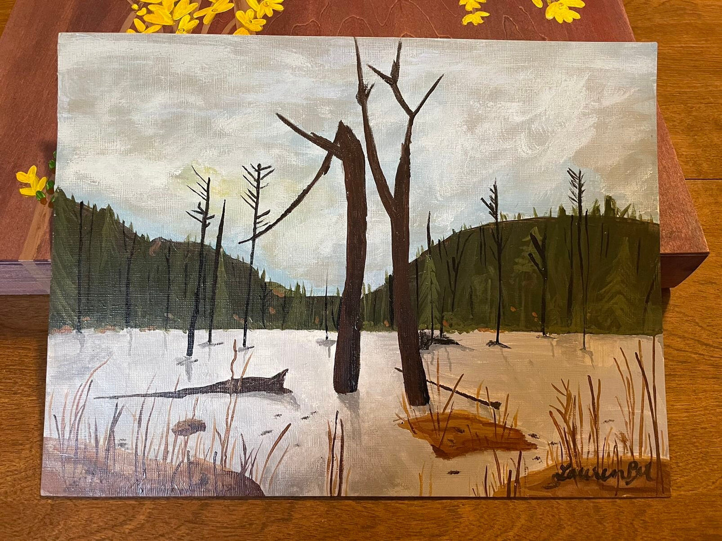 Snags in the ice at Puffin Pond; 9x12 acrylic on paper