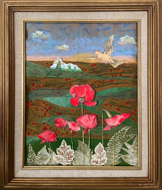 The Larks, still bravely singing, fly; 11x14 mixed media collage, framed