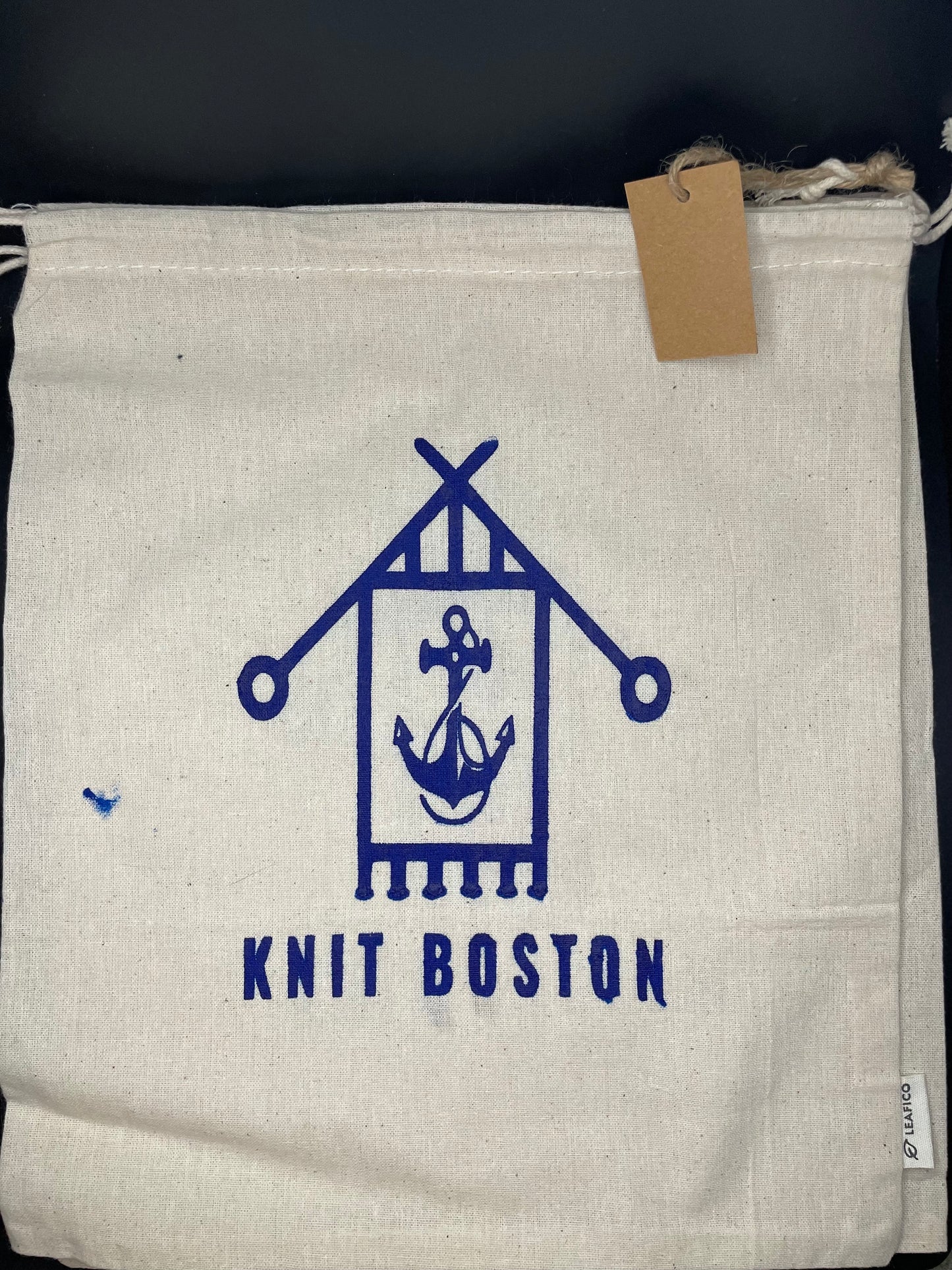 Screen printed "knit boston" drawstring pouch