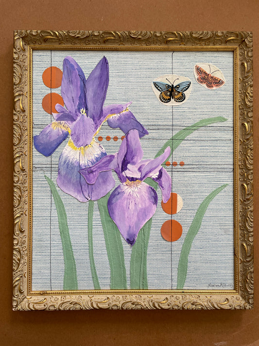 Irises from Downstairs; 12x14 mixed media collage in a vintage frame