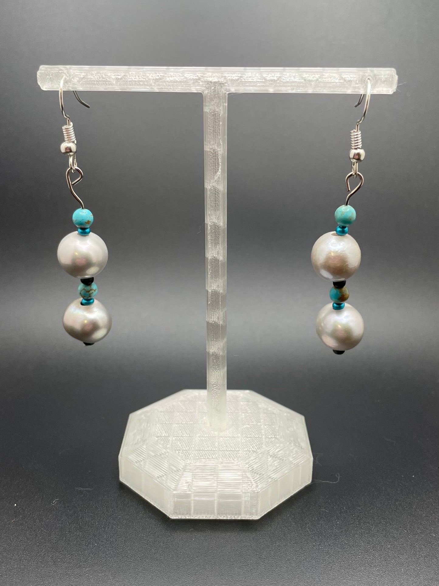 Grey Pearl and Turquoise Beaded Earrings for Pierced Ears