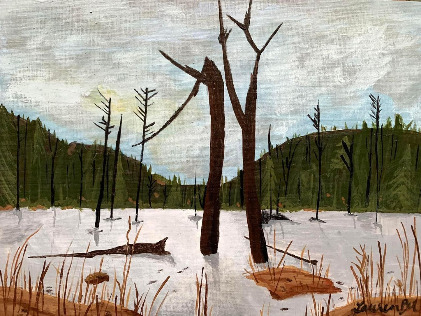 Snags in the ice at Puffin Pond; 9x12 acrylic on paper